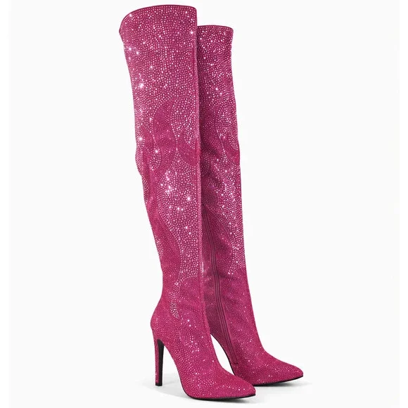NIB Like It Hot Fuchsia Rhinestone Flame Detail Sexy OTK High Heel Thigh Boots - Picture 3 of 12